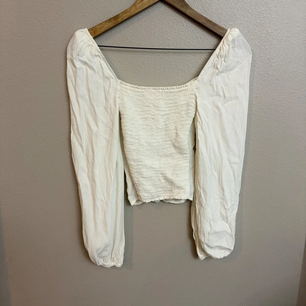 Reformation Top Size 4 Ivory Cream Long Sleeve Smocked Bustier Tie Romantic